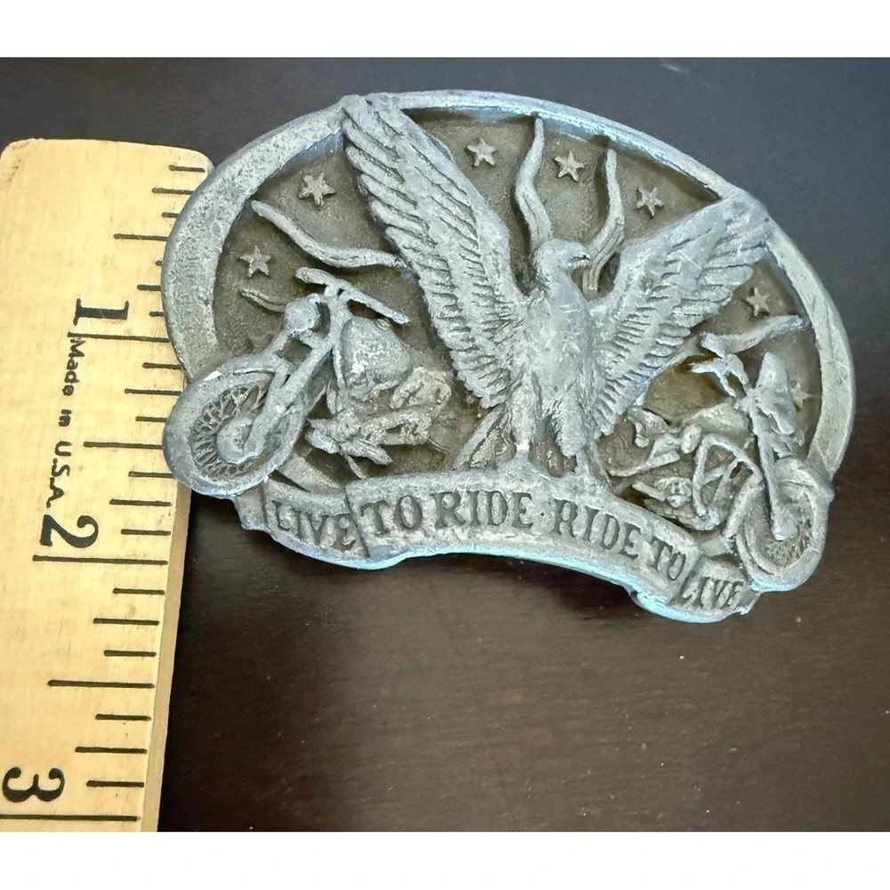 Vintage 1991 C+J Eagle ORANGE LIVE TO RIDE RIDE TO LIVE Belt Buckle - USA